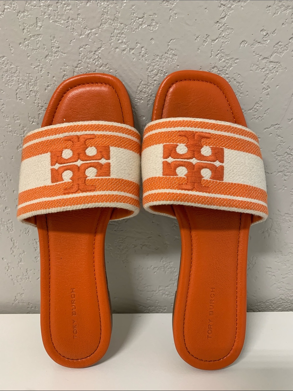 Tory Burch Orange and Cream Canvas-Trim Slide Sandals